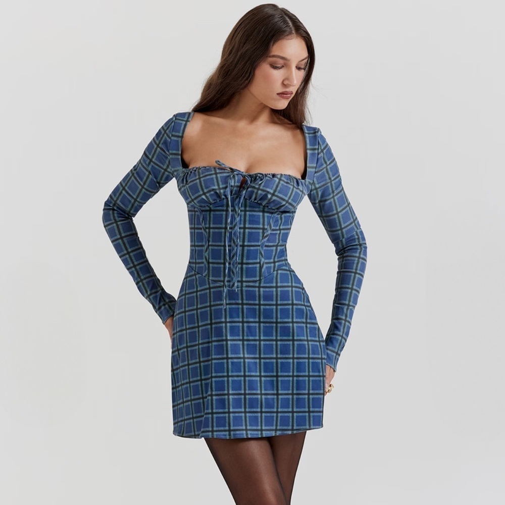 MALIKA BLUE TARTAN CORSET MINI DRESS - Picture 2 of 11